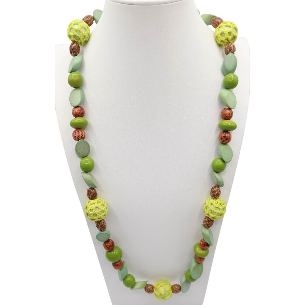Carved Wood Beaded Necklace w/ Crochet Accents Line Green Brown Boho Tribal